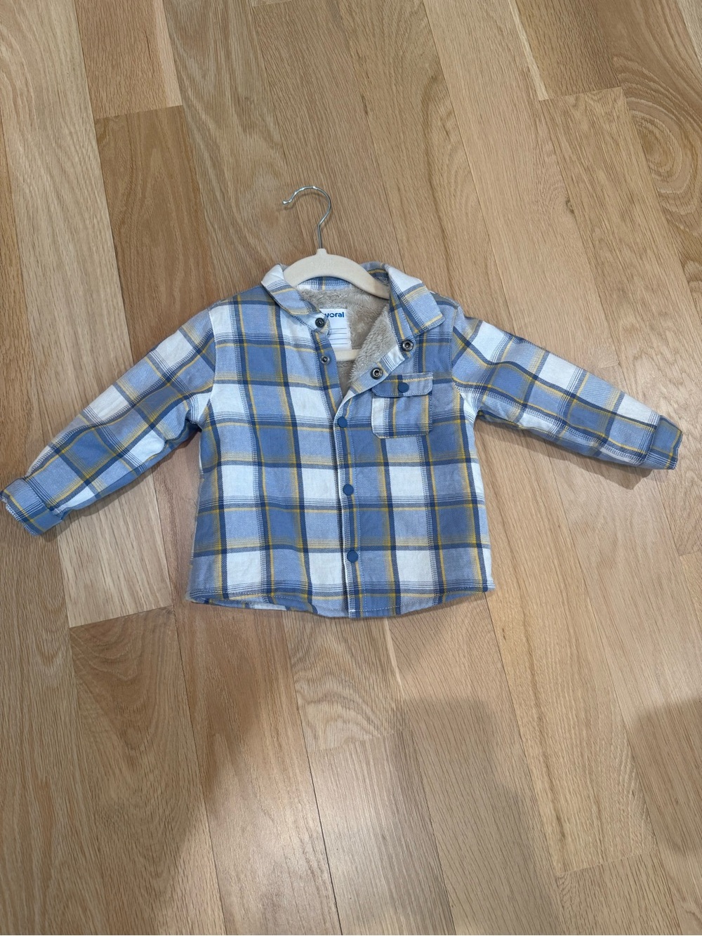Mayoral baby boy Blue & yellow Plaid Hooded Shirt with fuzzy lining 12 month
